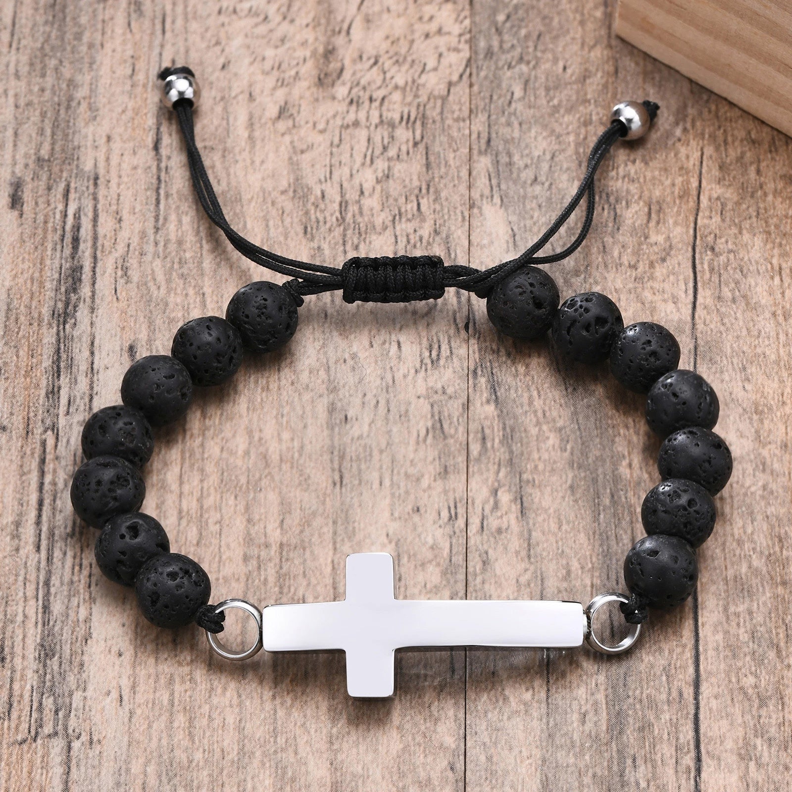 Stainless Steel Cross Urn Black Lava Beaded Bracelet (For Human Or Pet Ashes)