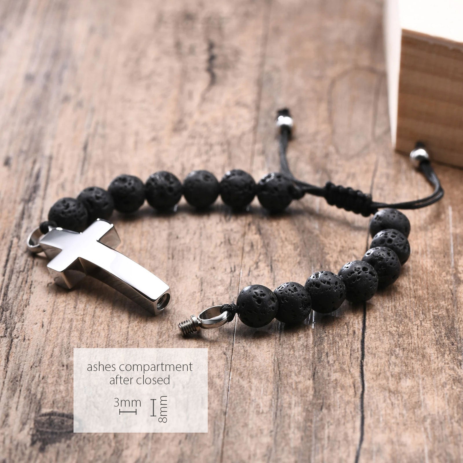 Stainless Steel Cross Urn Black Lava Beaded Bracelet (For Human Or Pet Ashes)