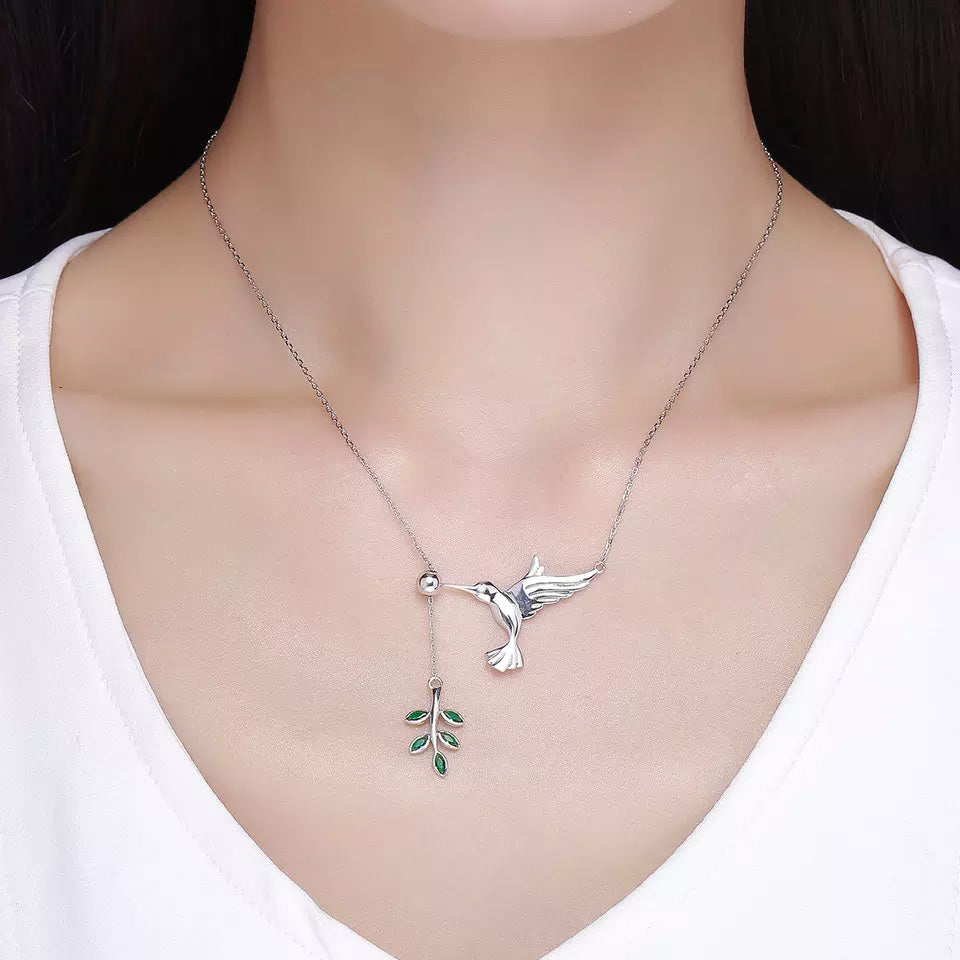 Sterling Silver Spring Bird & Tree Leaves Hypoallergenic Y Necklace