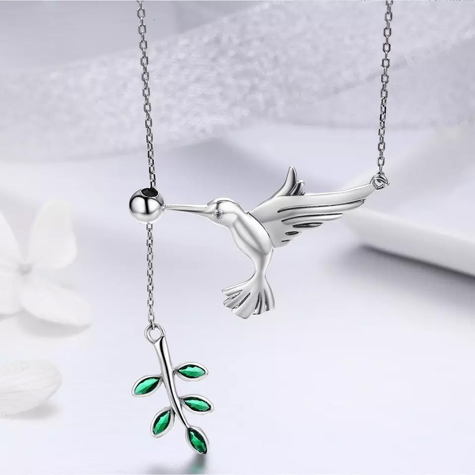 Sterling Silver Spring Bird & Tree Leaves Hypoallergenic Y Necklace