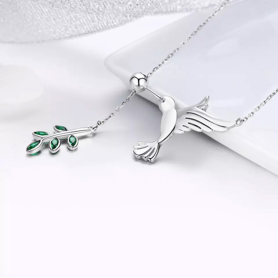 Sterling Silver Spring Bird & Tree Leaves Hypoallergenic Y Necklace