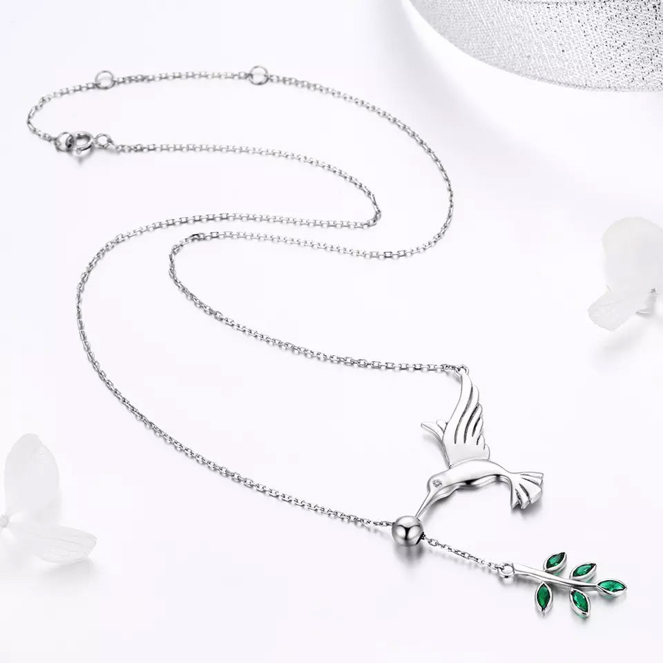 Sterling Silver Spring Bird & Tree Leaves Hypoallergenic Y Necklace