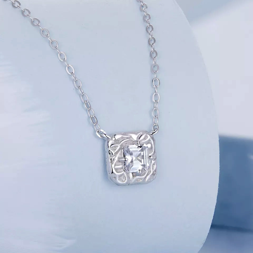 Sterling Silver Shiny Textured Metal Square Hypoallergenic Necklace