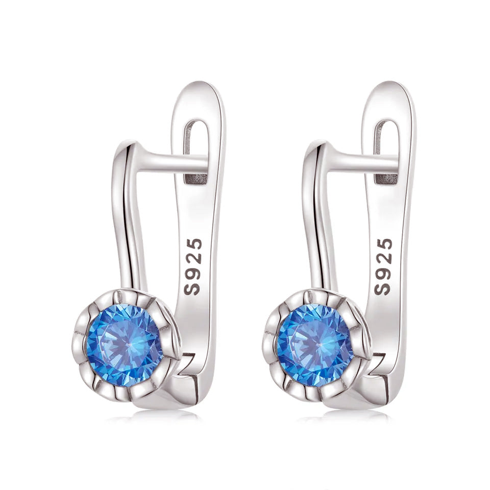 Sterling Silver Simple Shiny Blue Zircon Huggie Hypoallergenic Earrings