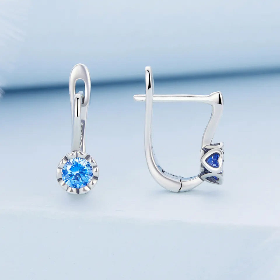 Sterling Silver Simple Shiny Blue Zircon Huggie Hypoallergenic Earrings