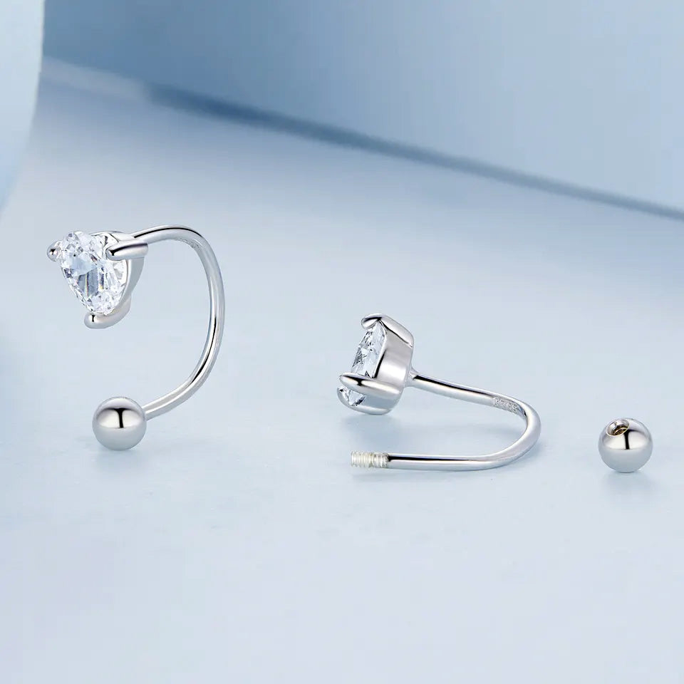 Sterling Silver Brilliant Heart Screw Hook Hypoallergenic Earrings