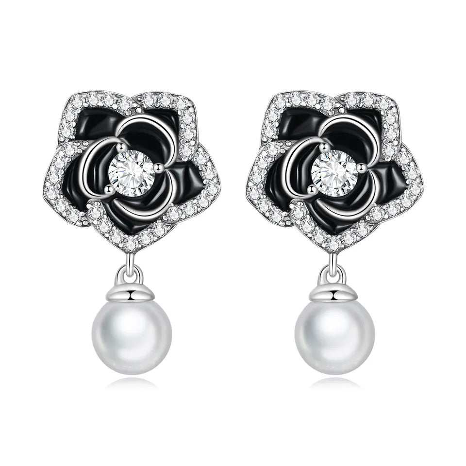 Sterling Silver Camellia Drop Stud Hypoallergenic Earrings