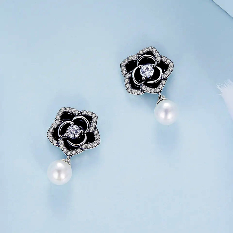 Sterling Silver Camellia Drop Stud Hypoallergenic Earrings