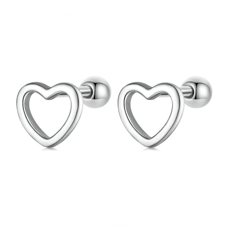 Sterling Silver Simple Heart Screw Stud Hypoallergenic Earrings