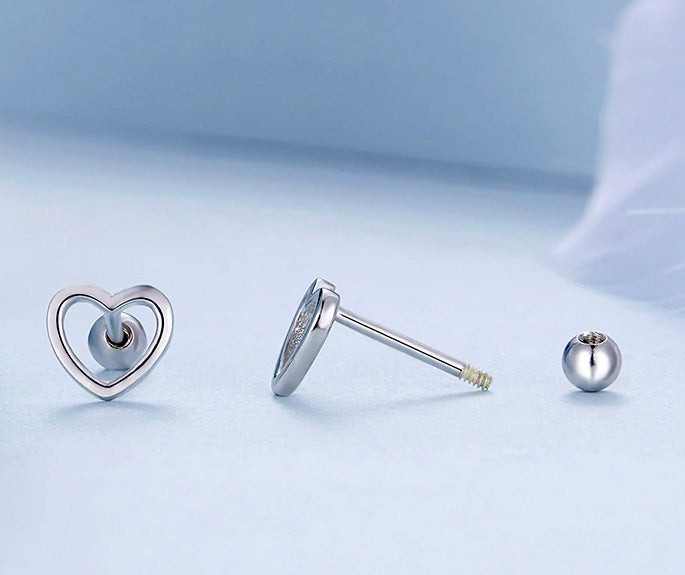 Sterling Silver Simple Heart Screw Stud Hypoallergenic Earrings