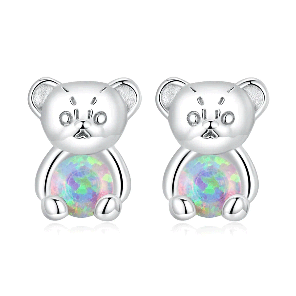 Sterling Silver Tiny Opal Bear Stud Hypoallergenic Earrings