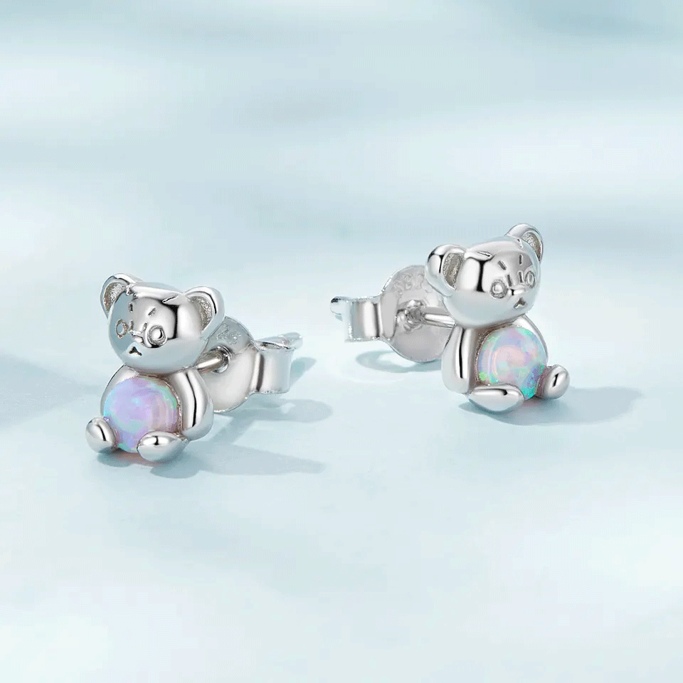 Sterling Silver Tiny Opal Bear Stud Hypoallergenic Earrings