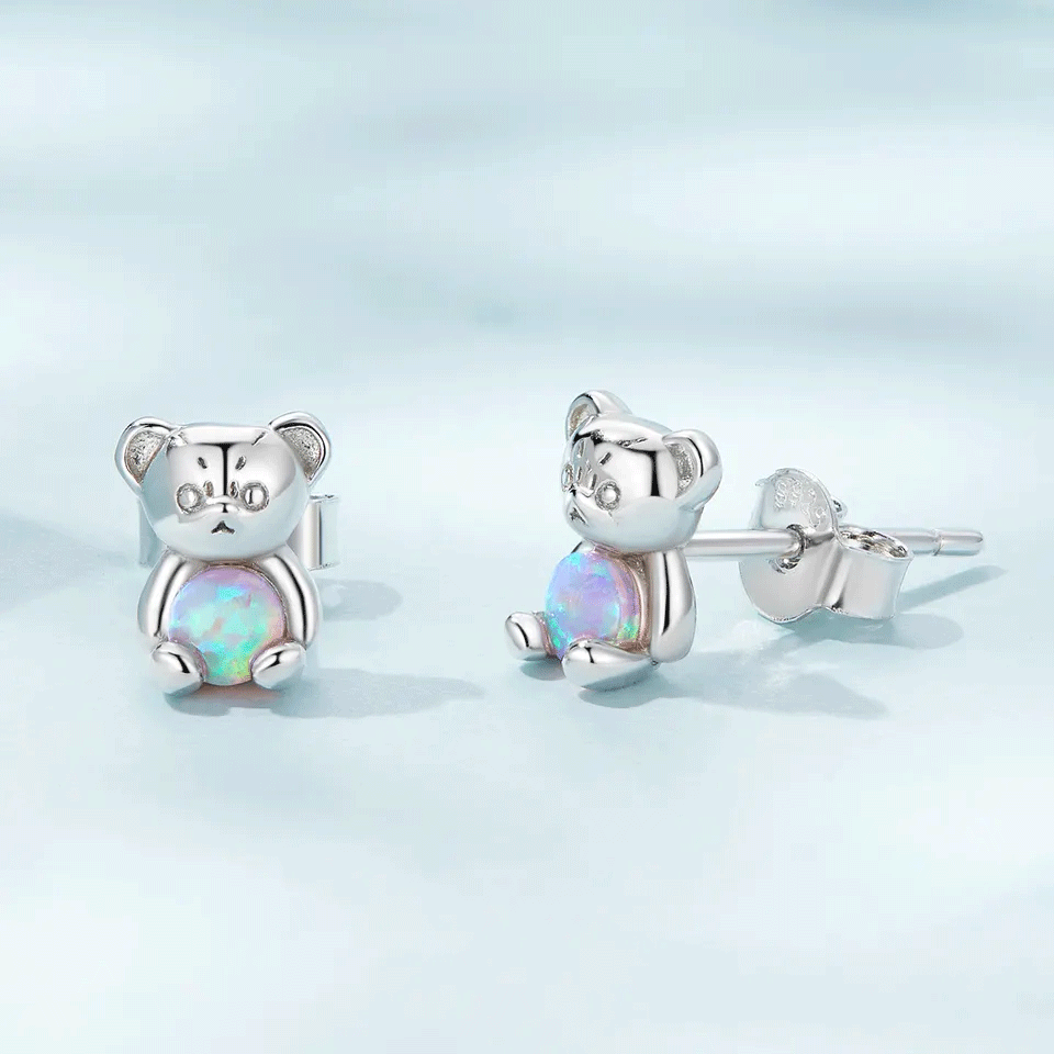 Sterling Silver Tiny Opal Bear Stud Hypoallergenic Earrings