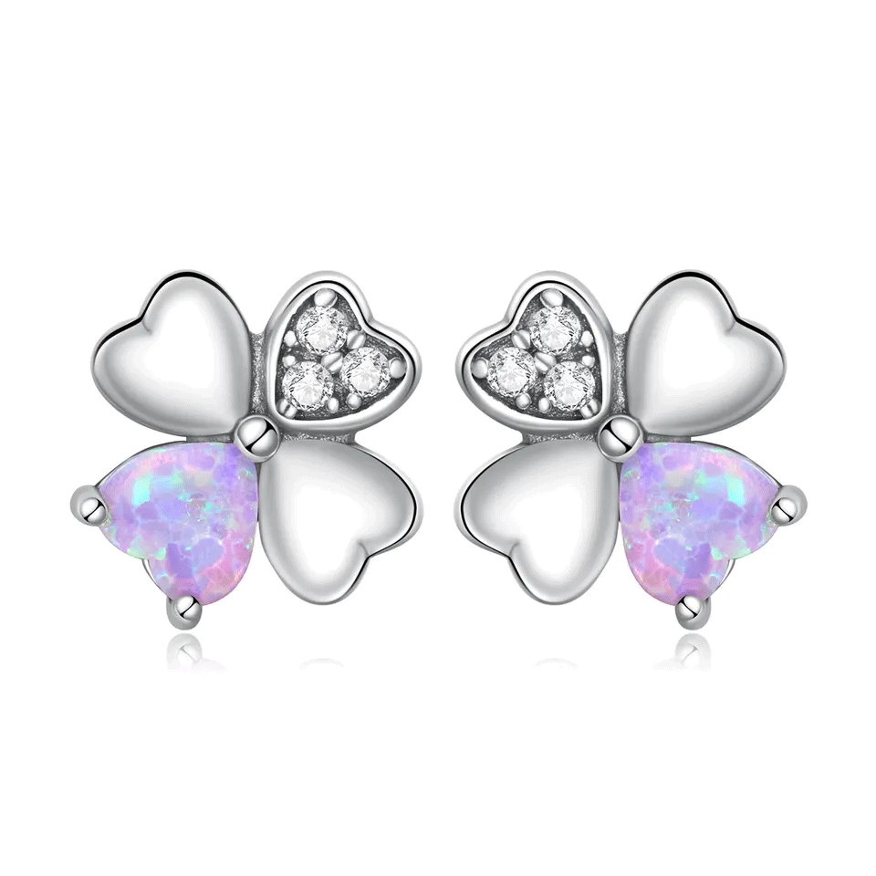 Sterling Silver Opal CZ Four-Leaf Clover Stud Hypoallergenic Earrings