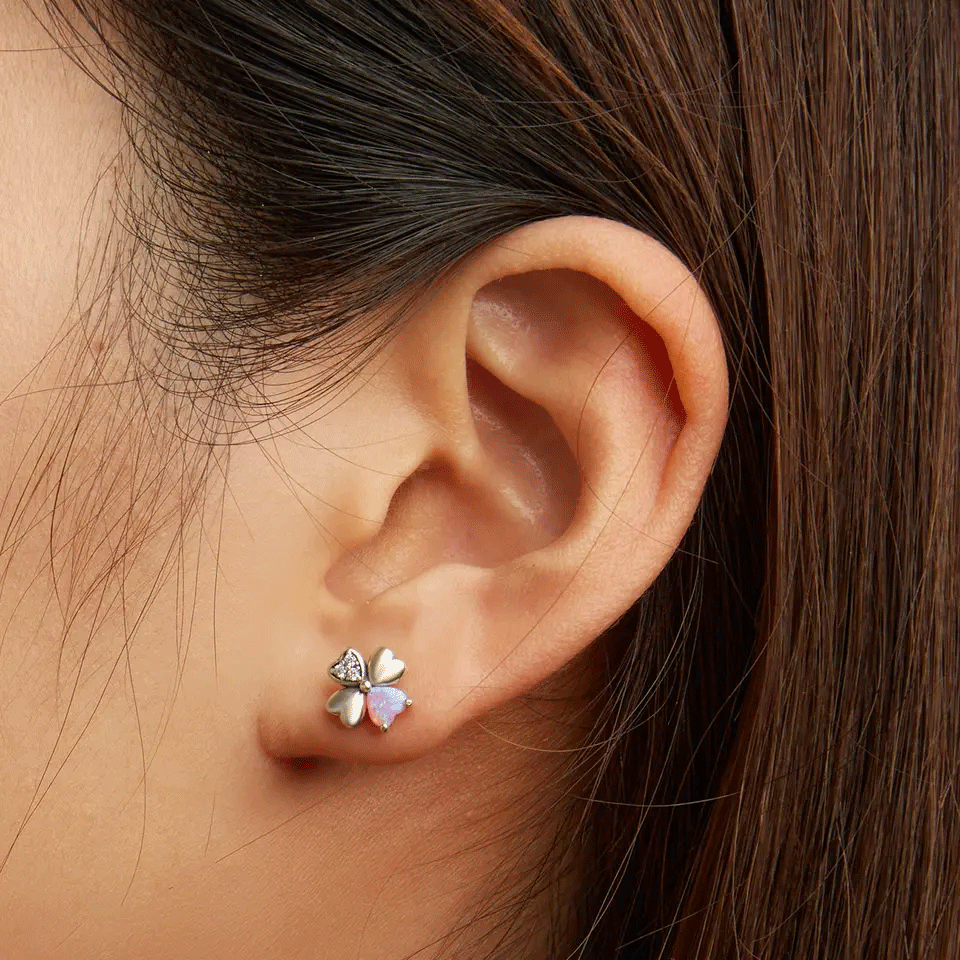 Sterling Silver Opal CZ Four-Leaf Clover Stud Hypoallergenic Earrings