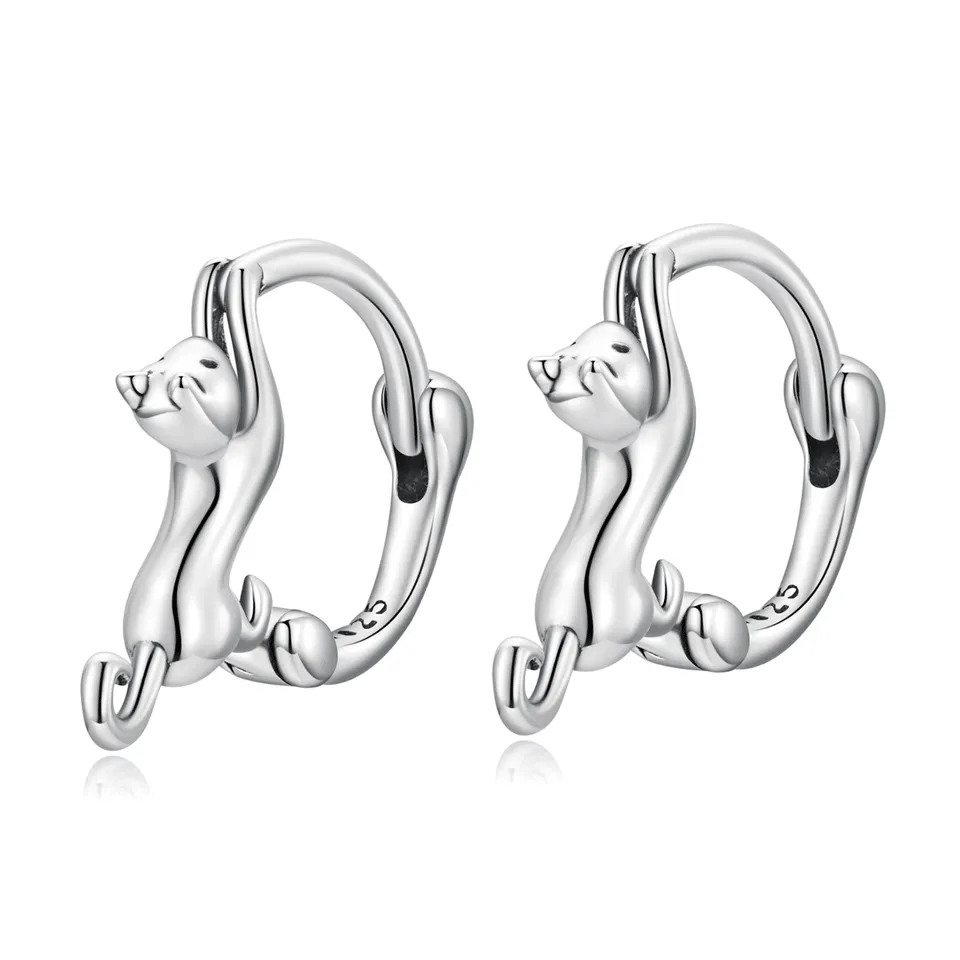 Sterling Silver Silver Cat Huggie Hypoallergenic Earrings