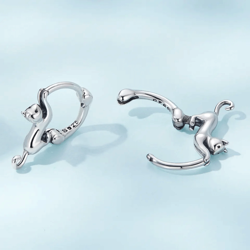 Sterling Silver Silver Cat Huggie Hypoallergenic Earrings