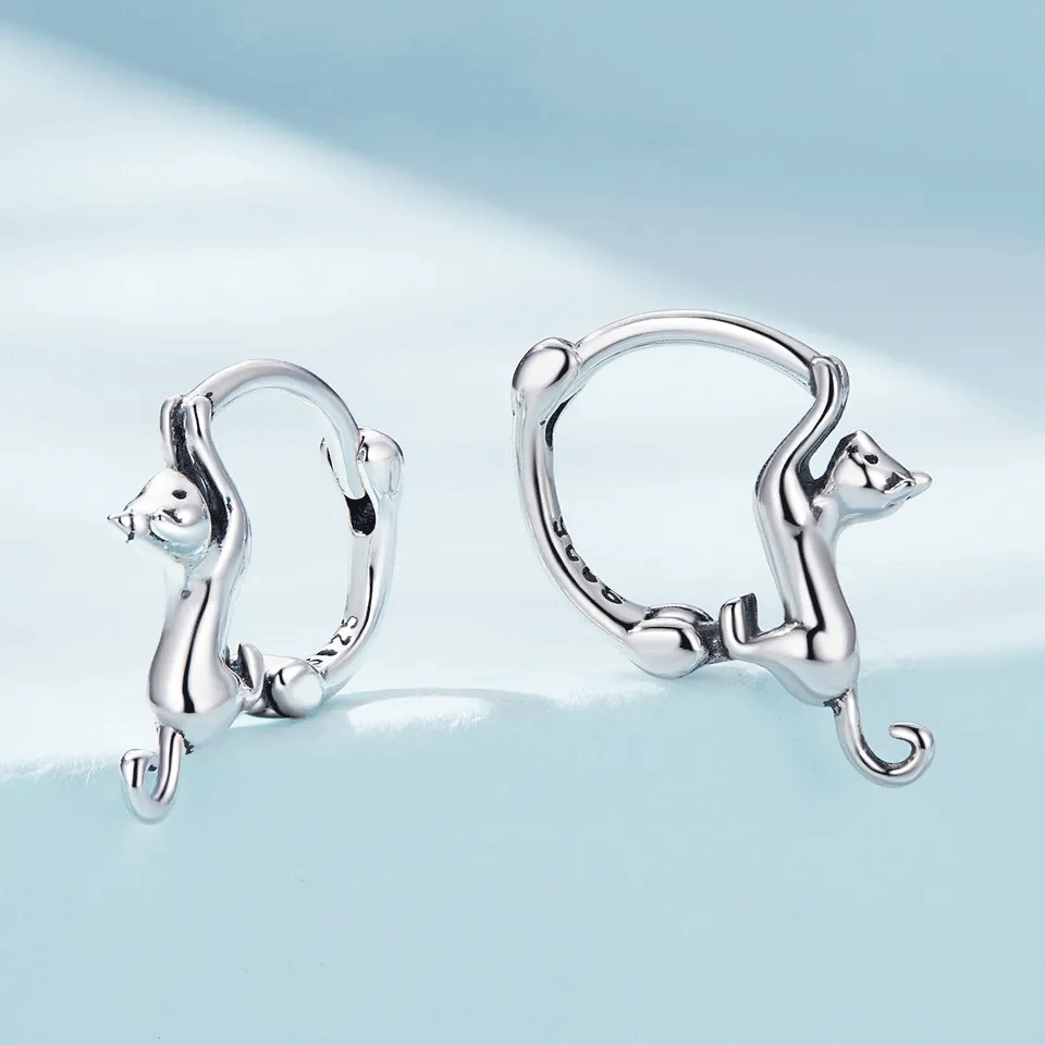 Sterling Silver Silver Cat Huggie Hypoallergenic Earrings