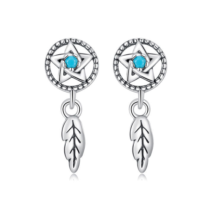 Sterling Silver Pentacle Dream Catcher Drop Stud Hypoallergenic Earrings