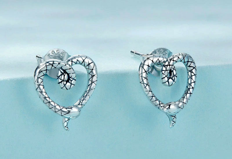 Sterling Silver Snake Heart Stud Hypoallergenic Earrings