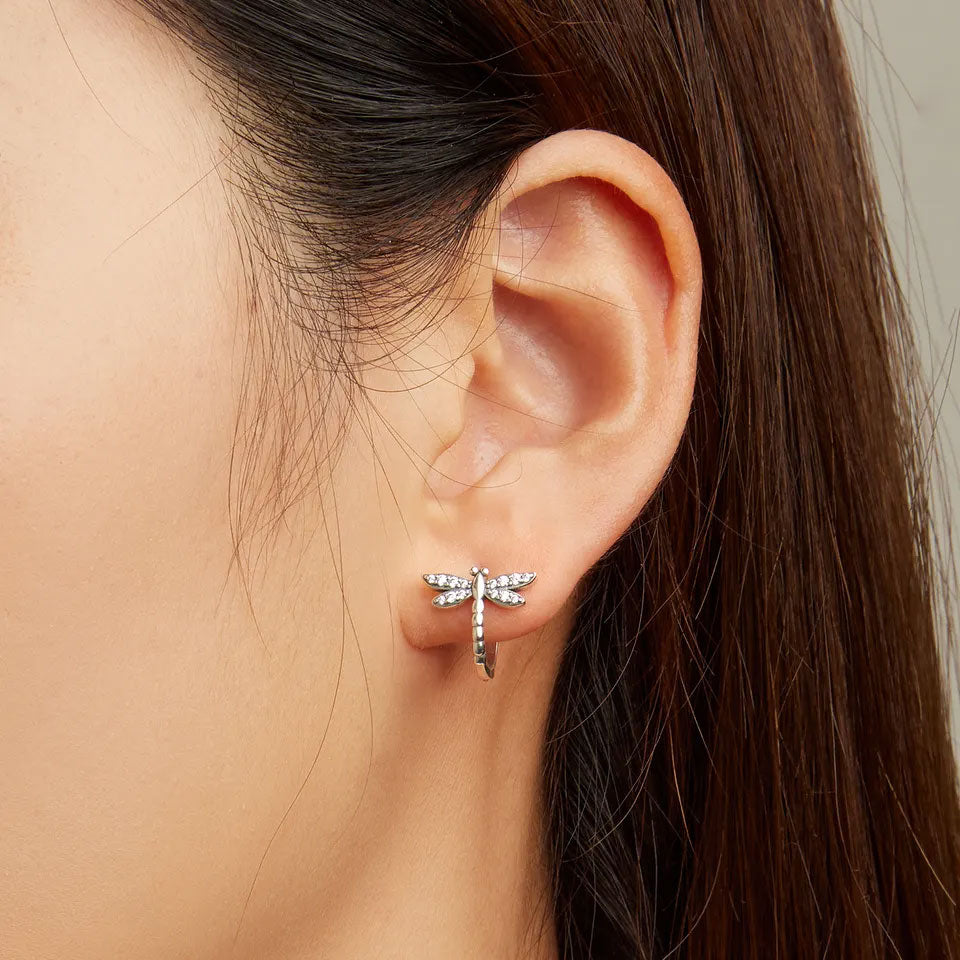 Sterling Silver Fine Dragonfly Huggie Hypoallergenic Earrings