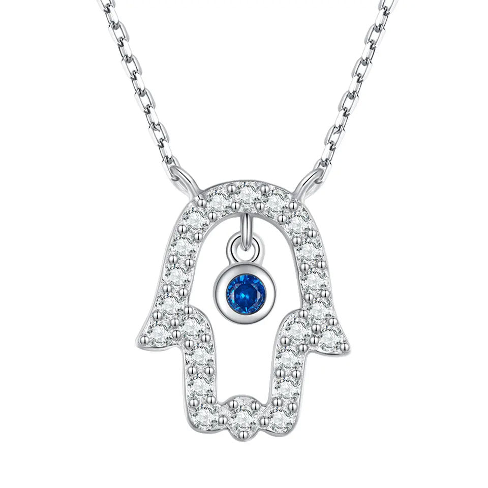 Sterling Silver Fatima's Hand Blue CZ Hypoallergenic Necklace