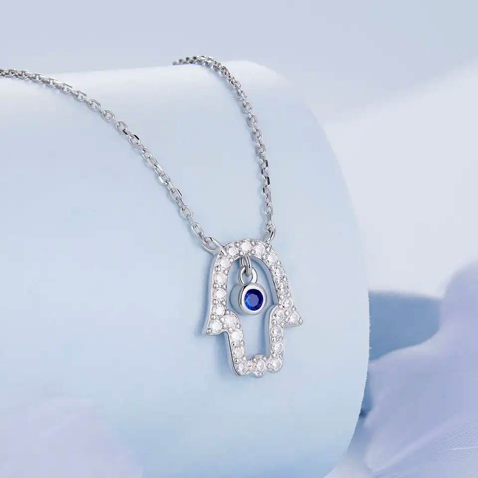 Sterling Silver Fatima's Hand Blue CZ Hypoallergenic Necklace