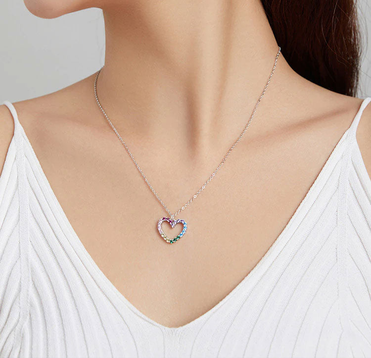 Sterling Silver Rainbow Heart Hypoallergenic Necklace