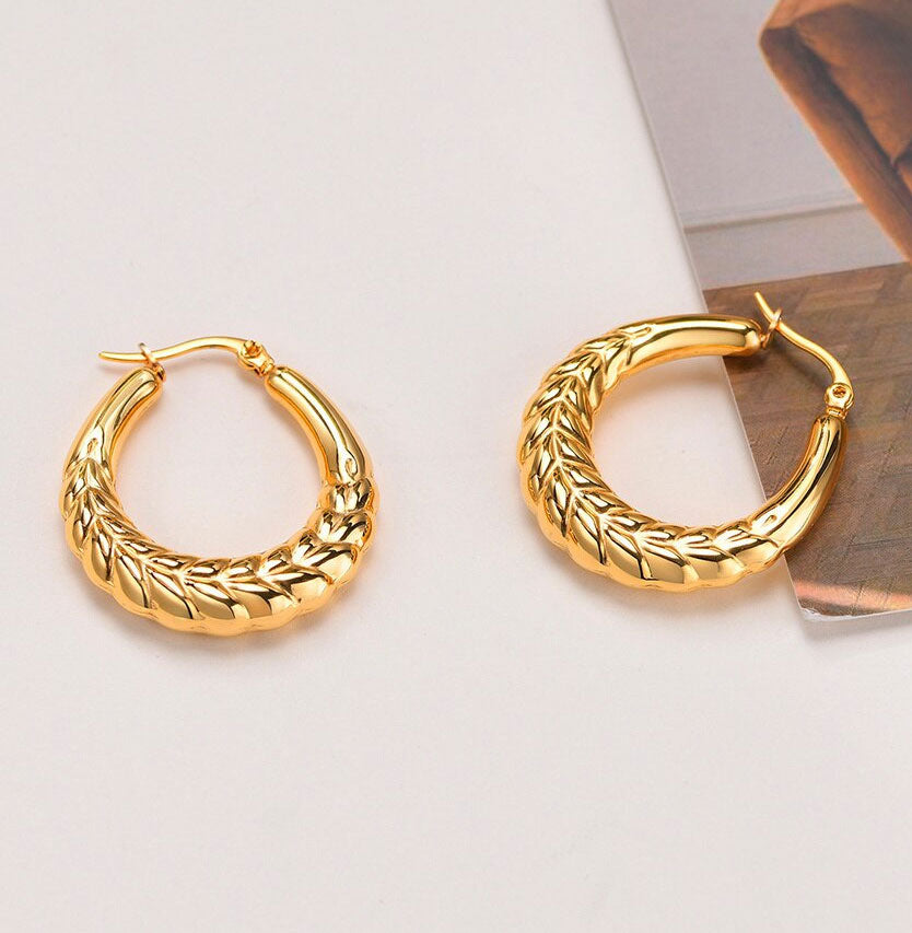 Stainless Steel Wheat Twisted Textured Hoop Earrings