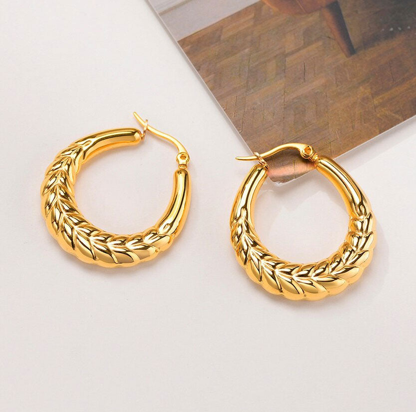 Stainless Steel Wheat Twisted Textured Hoop Earrings