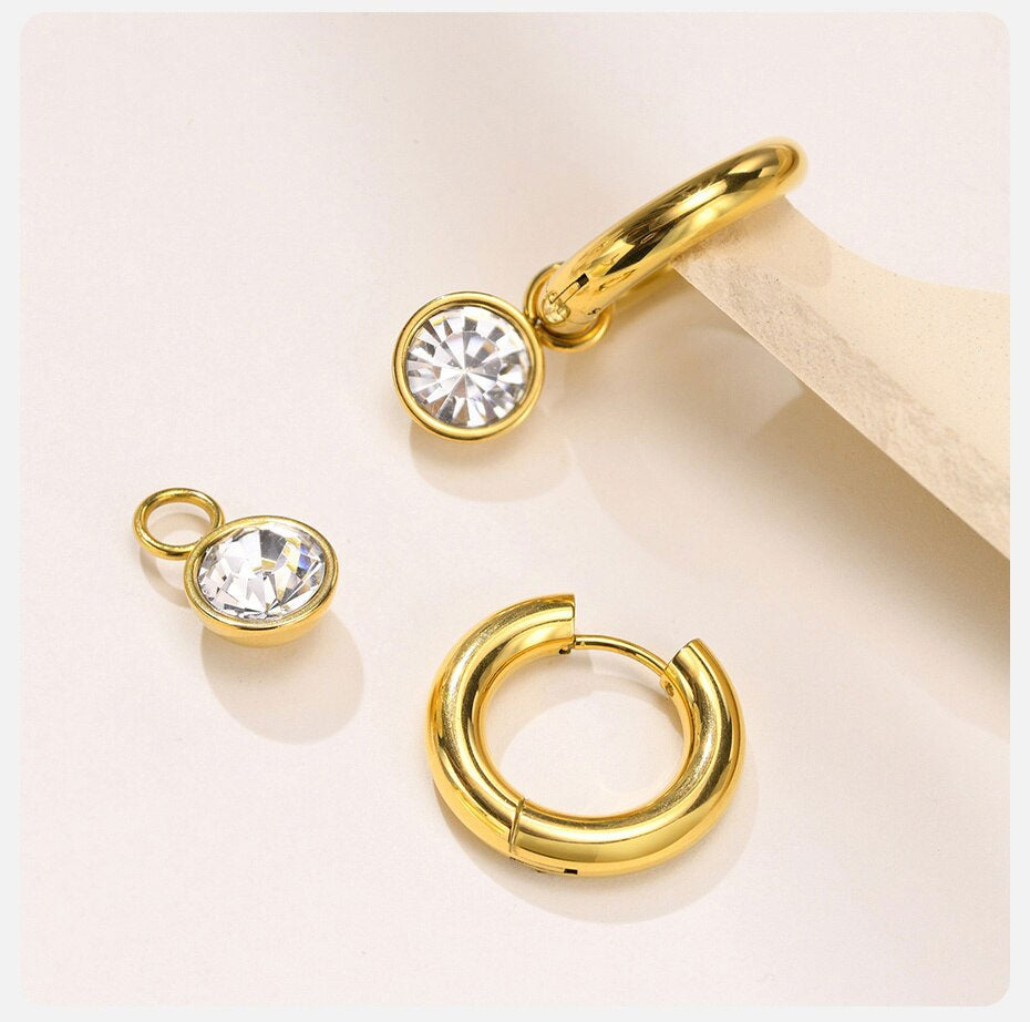 Stainless Steel 9mm Clear CZ Drop Huggie Earrings