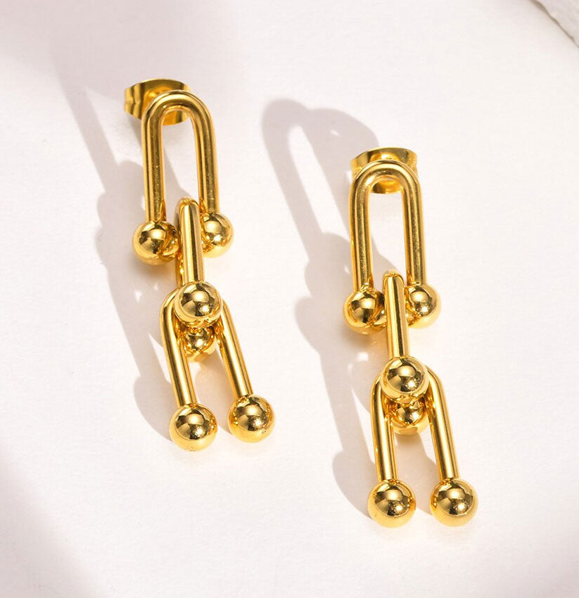 Stainless Steel U Shaped Linked Pinball Drop Stud Earrings