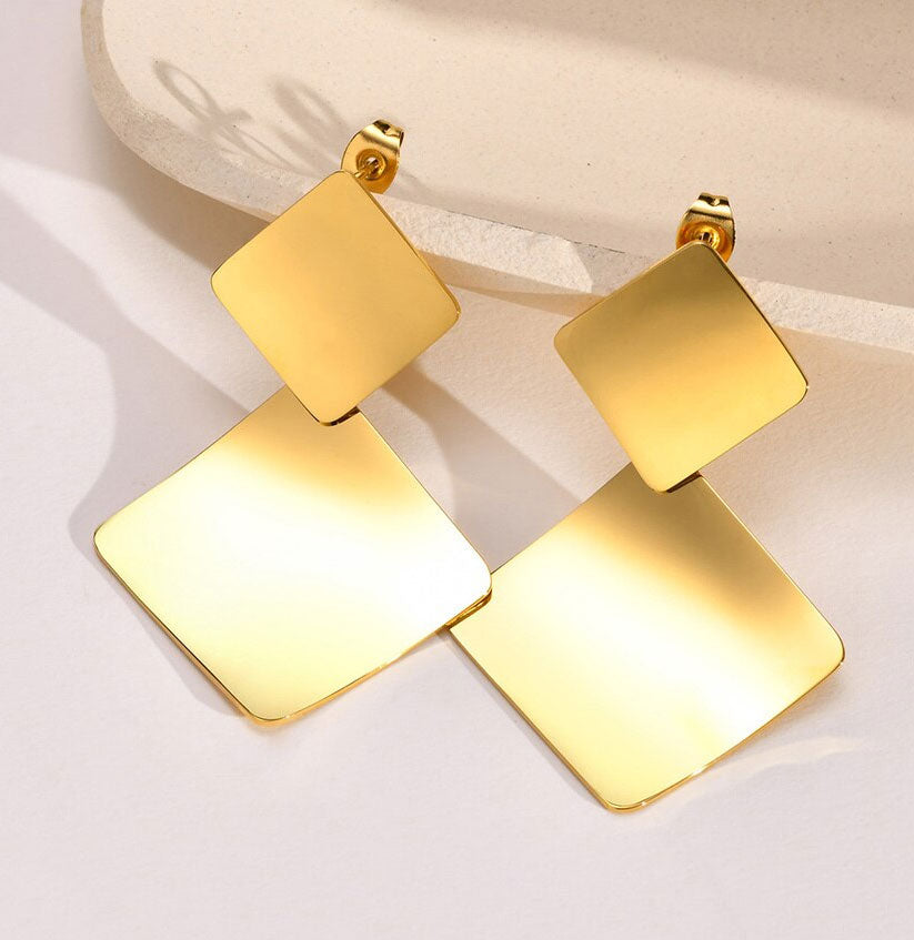 Stainless Steel Double Square Drop Stud Earrings