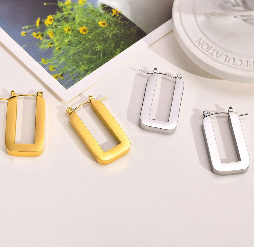 Stainless Steel Rectangular U Shaped Hoop Earrings