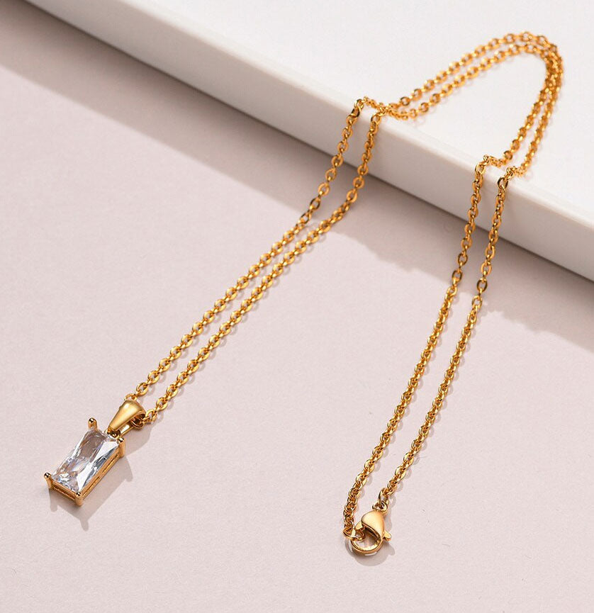 Stainless Steel Shiny Rectangular CZ Necklace