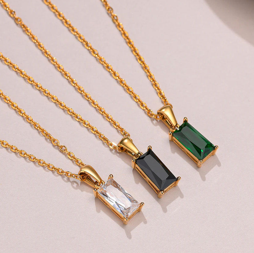 Stainless Steel Shiny Rectangular CZ Necklace