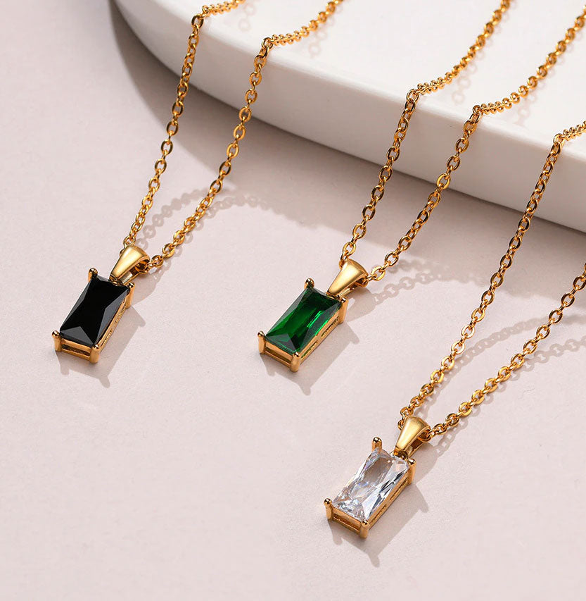 Stainless Steel Shiny Rectangular CZ Necklace