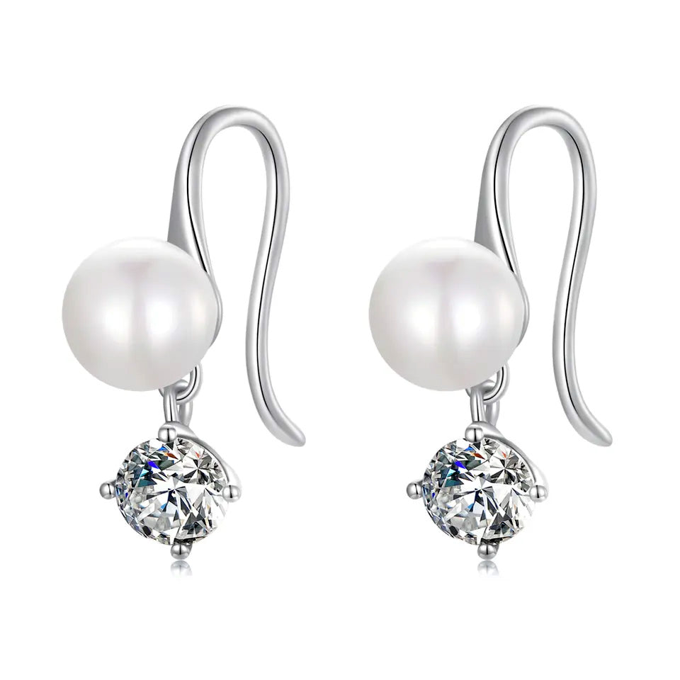 Sterling Silver Fine Pearl CZ Drop Hook Hypoallergenic Earrings