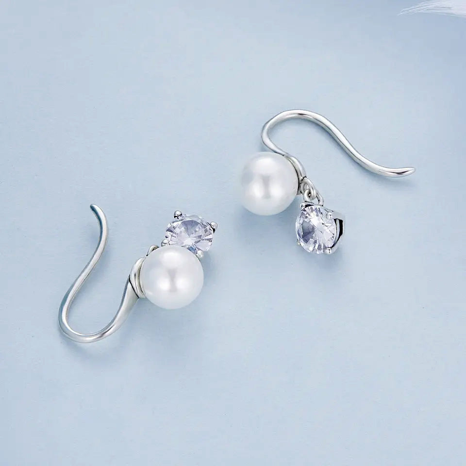 Sterling Silver Fine Pearl CZ Drop Hook Hypoallergenic Earrings