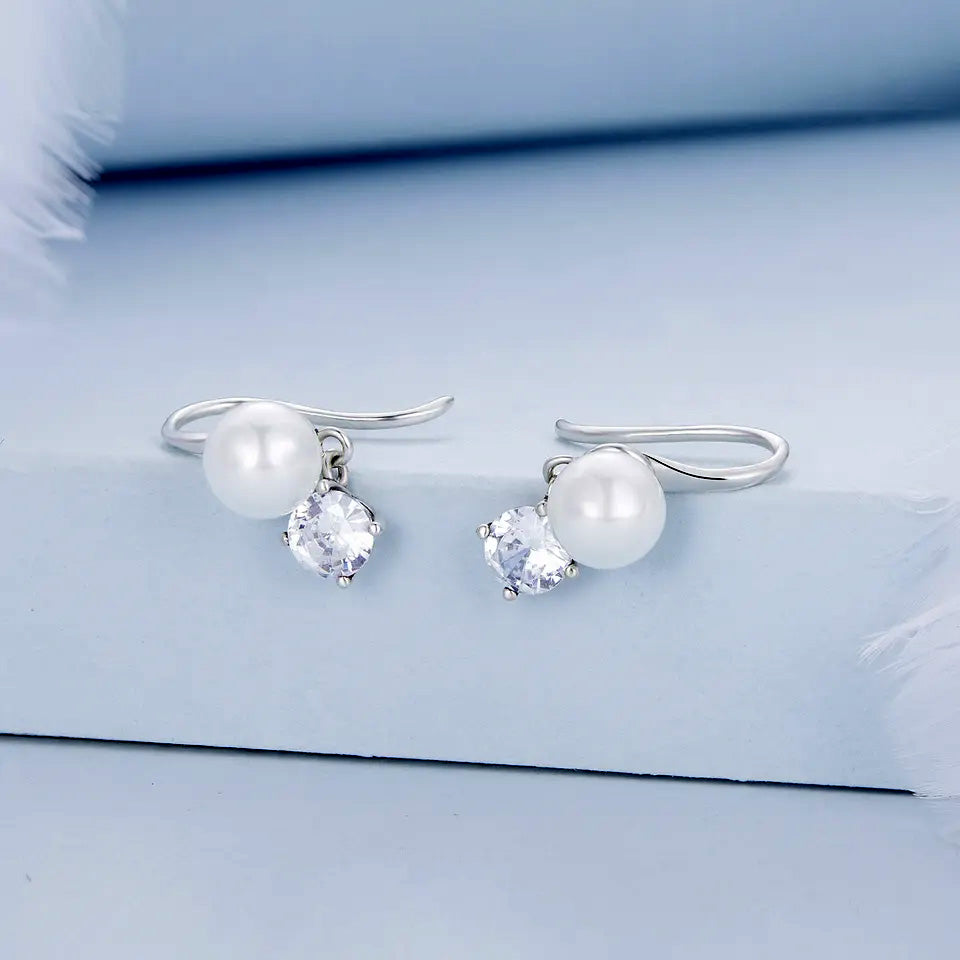 Sterling Silver Fine Pearl CZ Drop Hook Hypoallergenic Earrings